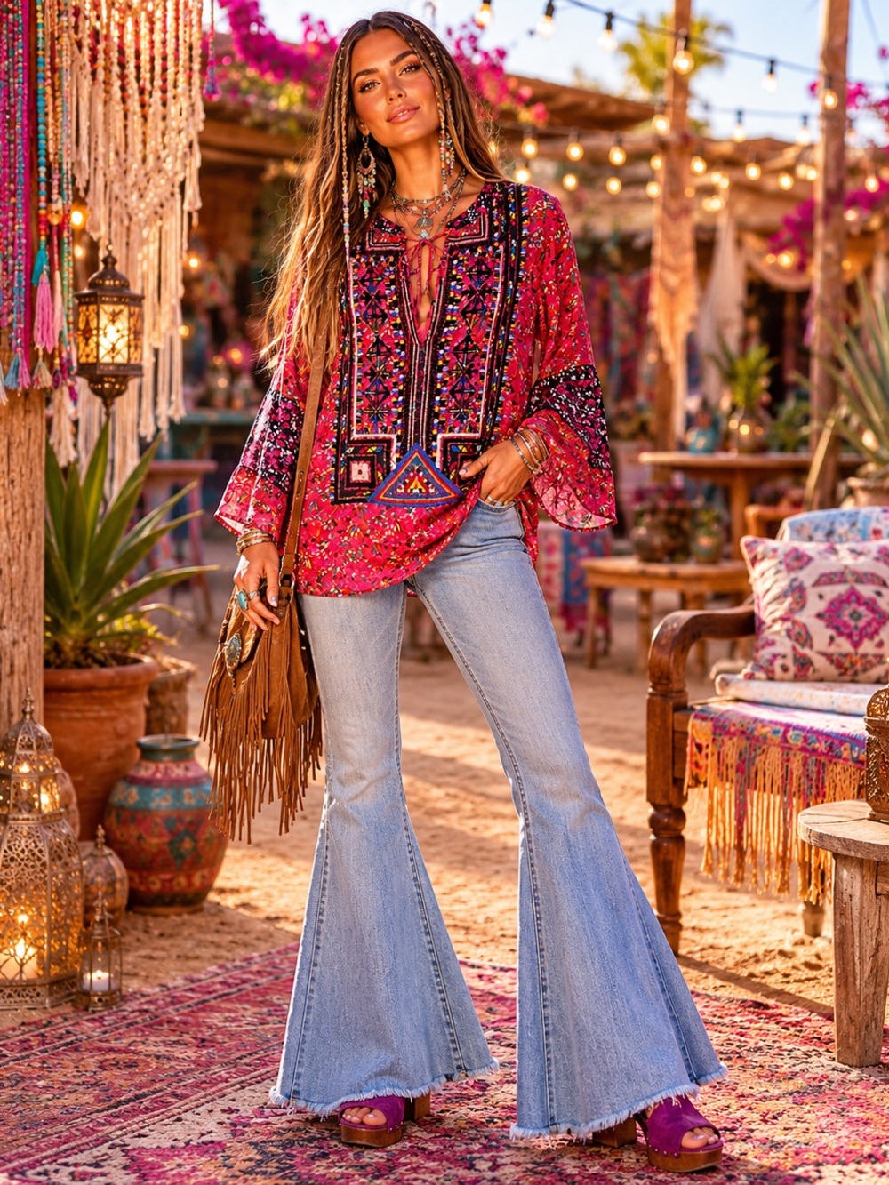 Desigual Romina Boho Embroidered Floral Blouse Size M